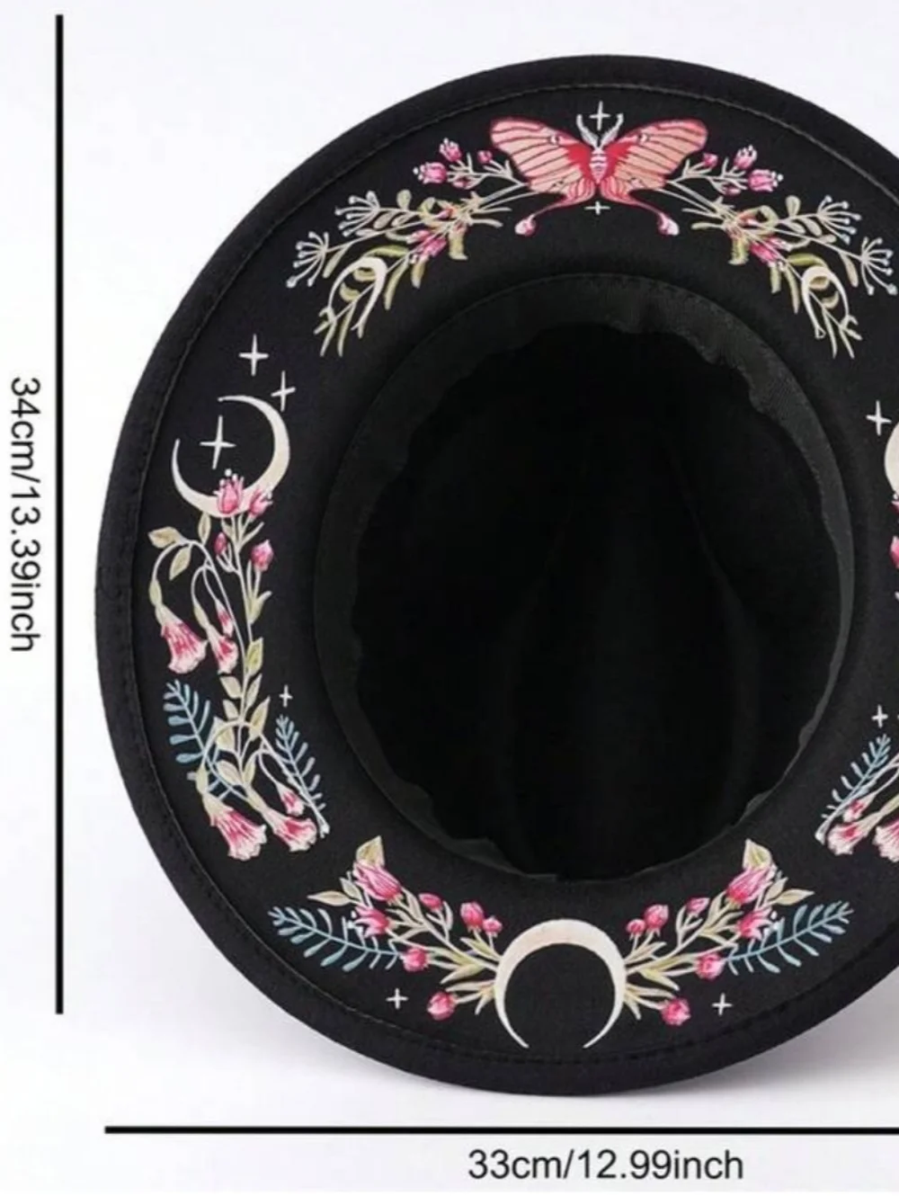 Witchy Black Wide-Brim Fedora with Pink Floral, Butterfly & Moon Embroidery - Picture 3 of 13